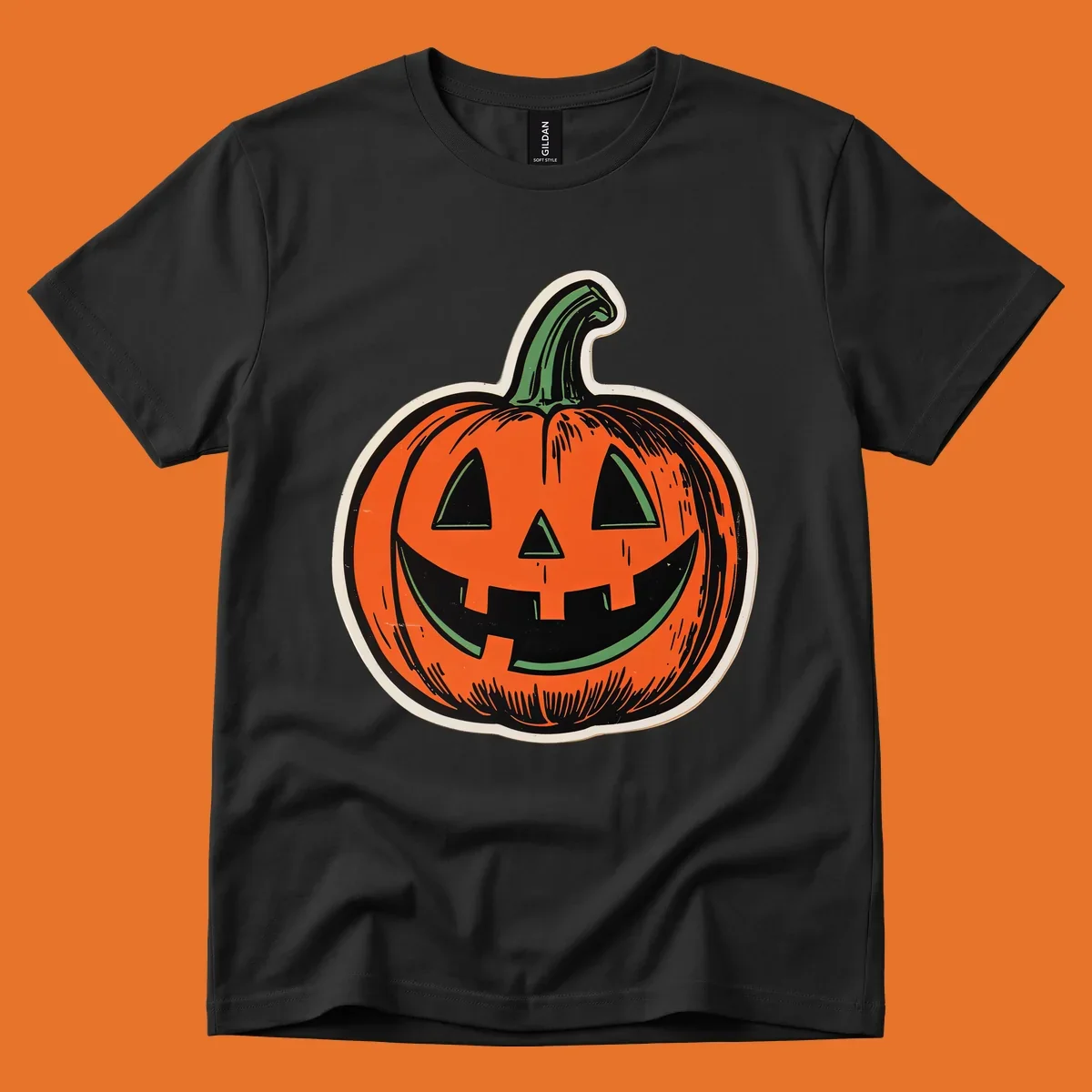 Vintage halloween pumpkin face illustration with carved features.