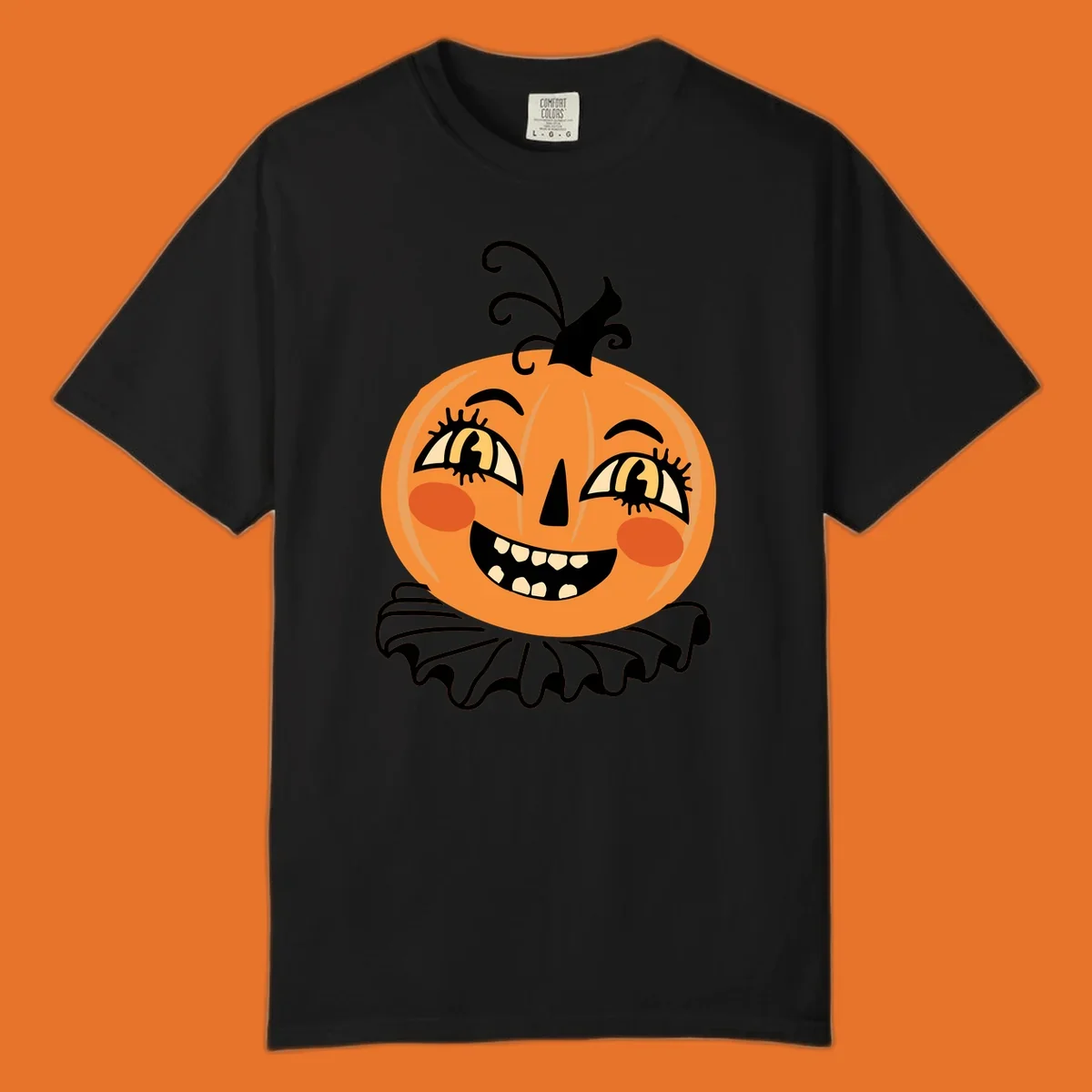 Happy jack o lantern illustration with a big smile and rosy cheeks, wearing a ruffled collar, for Halloween.