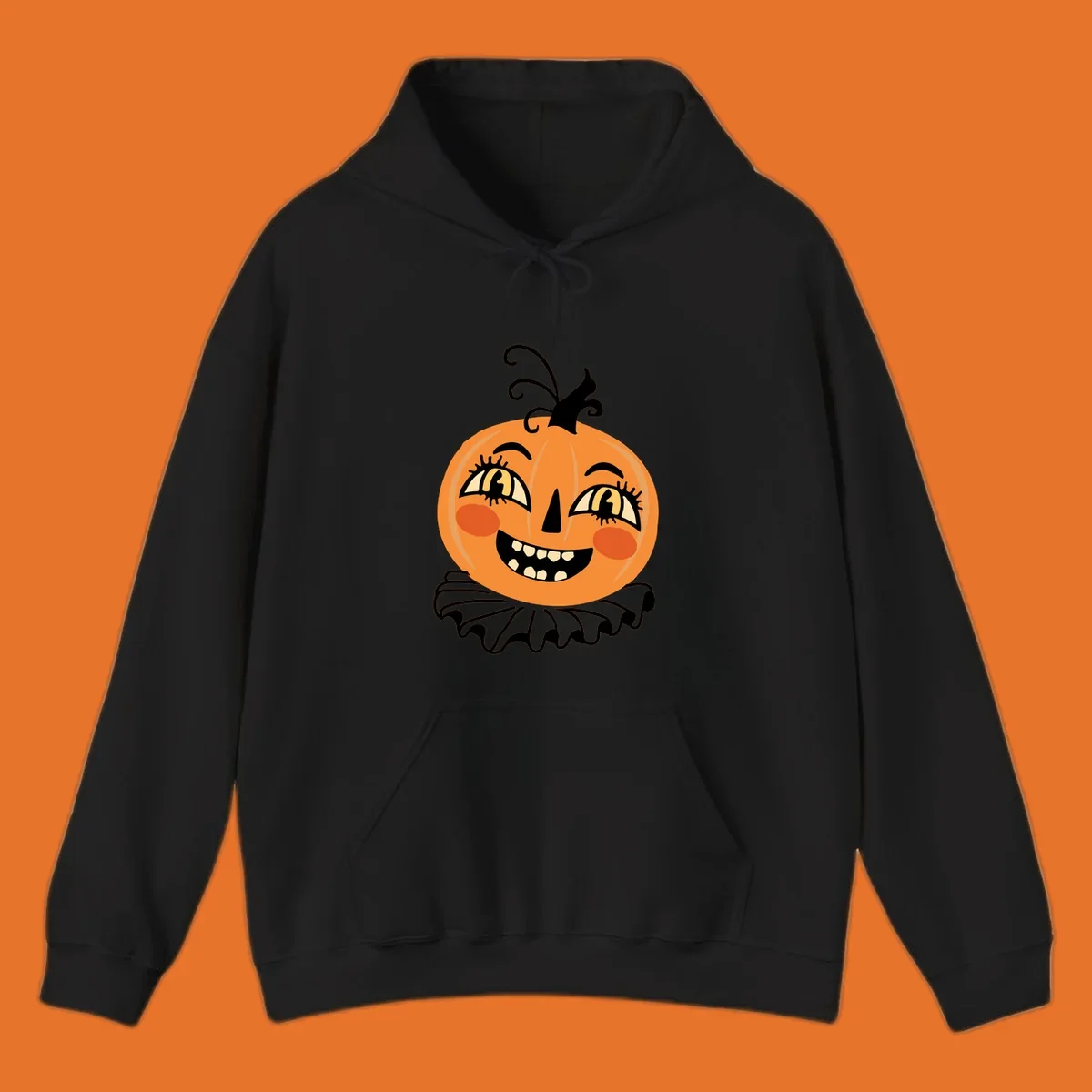 Happy jack o lantern illustration with a big smile and rosy cheeks, wearing a ruffled collar, for Halloween.