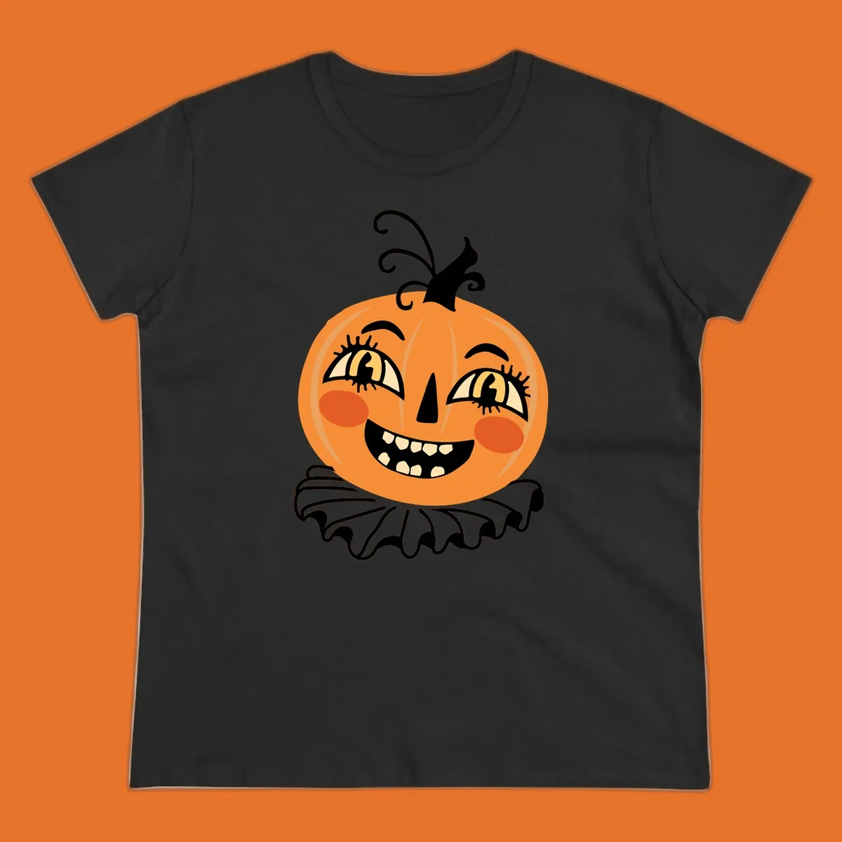 Happy jack o lantern illustration with a big smile and rosy cheeks, wearing a ruffled collar, for Halloween.