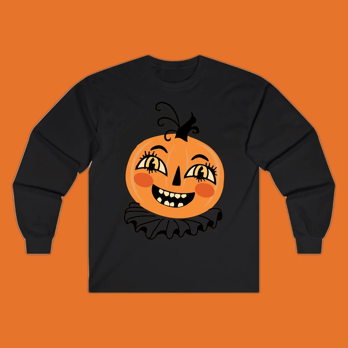 Happy jack o lantern illustration with a big smile and rosy cheeks, wearing a ruffled collar, for Halloween.