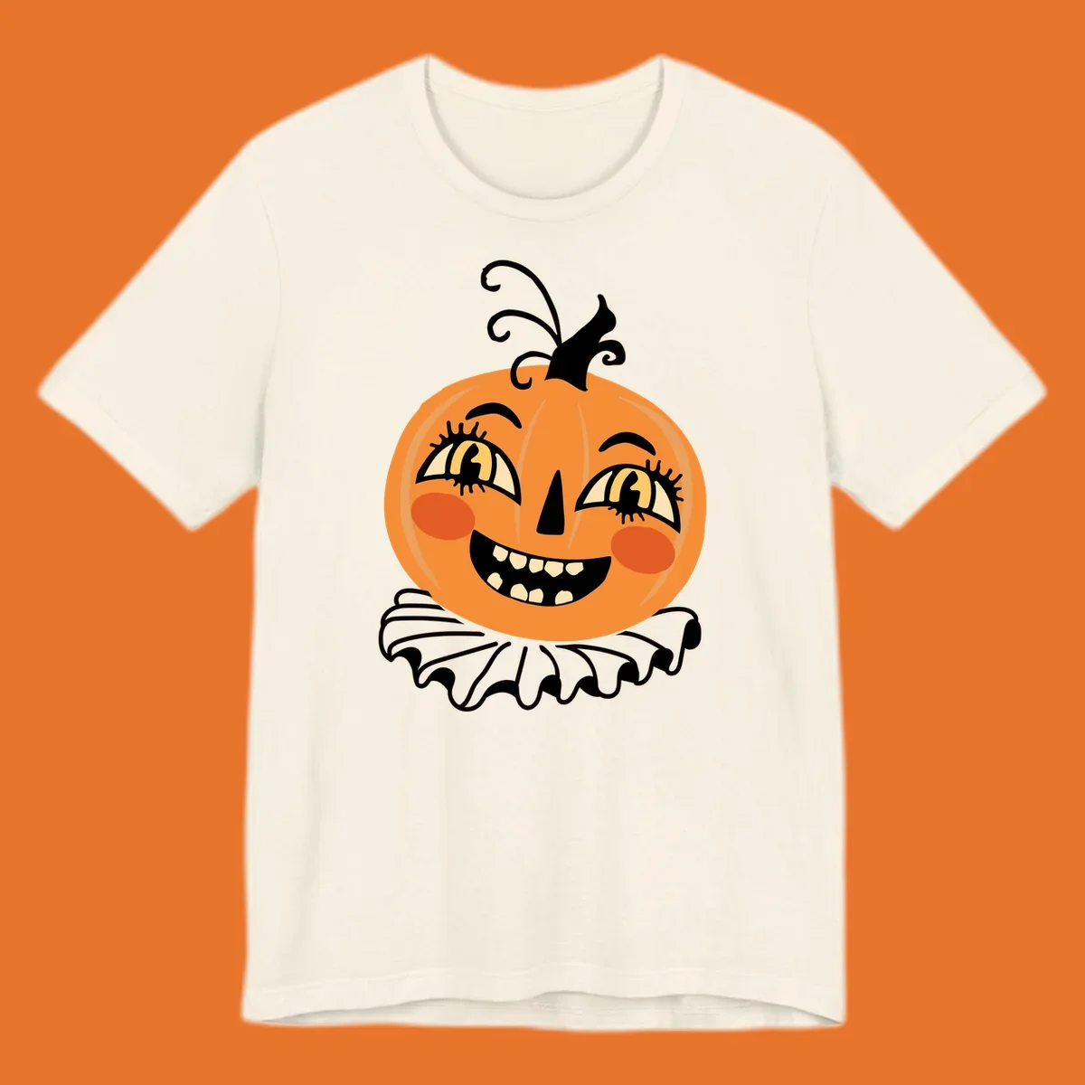 Happy jack o lantern illustration with a big smile and rosy cheeks, wearing a ruffled collar, for Halloween.