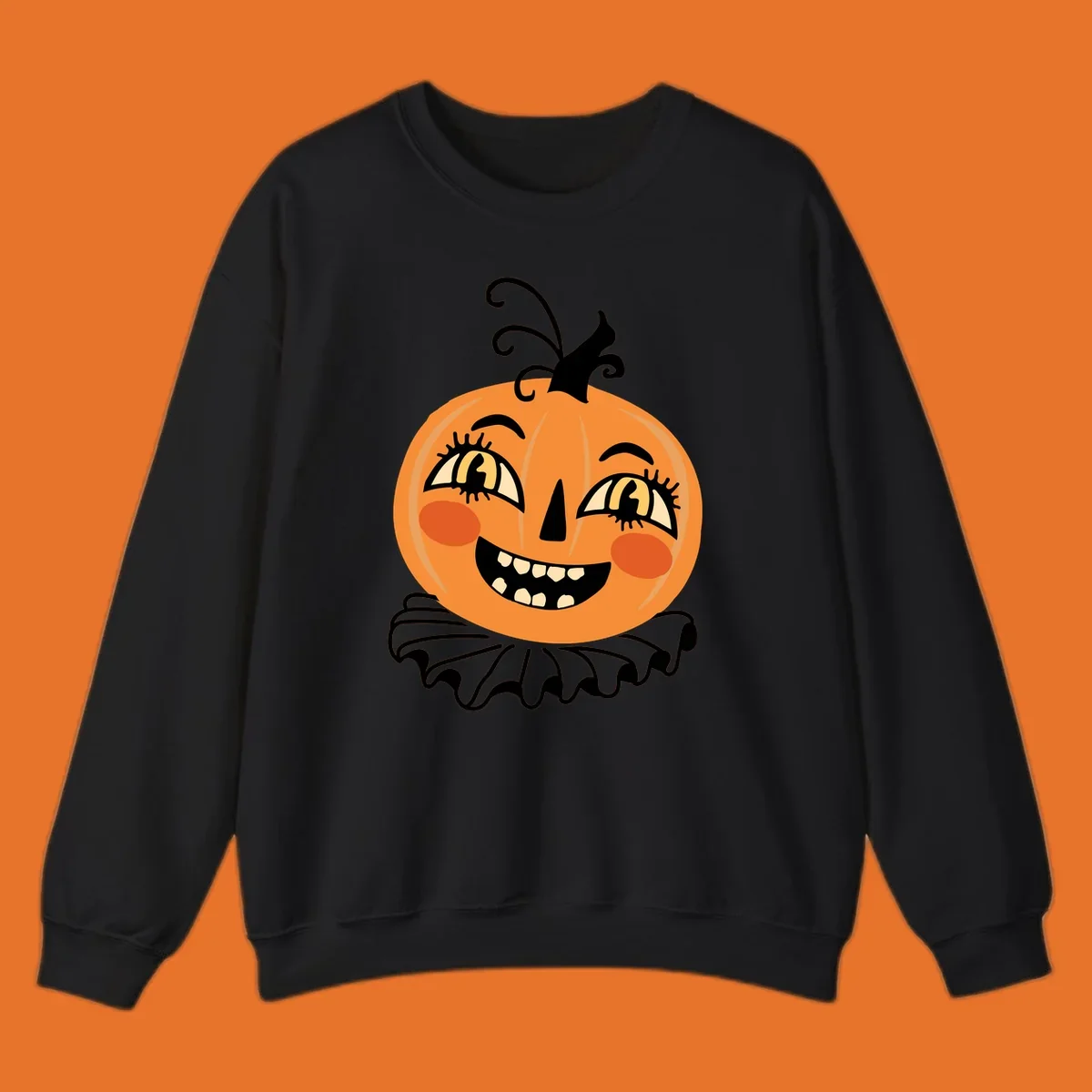 Happy jack o lantern illustration with a big smile and rosy cheeks, wearing a ruffled collar, for Halloween.