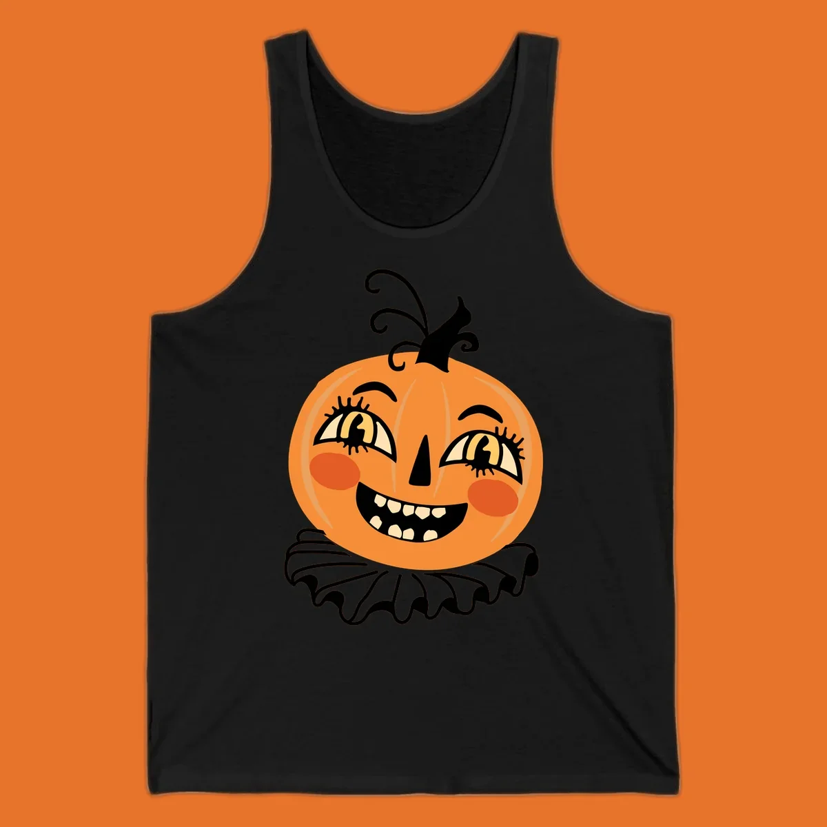Happy jack o lantern illustration with a big smile and rosy cheeks, wearing a ruffled collar, for Halloween.