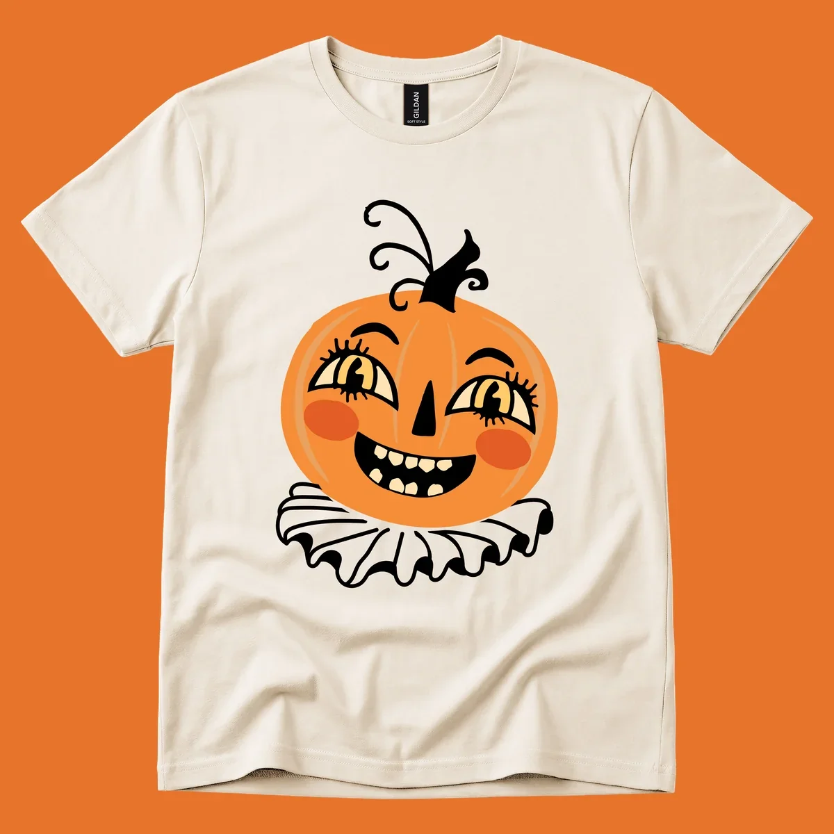 Happy jack o lantern illustration with a big smile and rosy cheeks, wearing a ruffled collar, for Halloween.