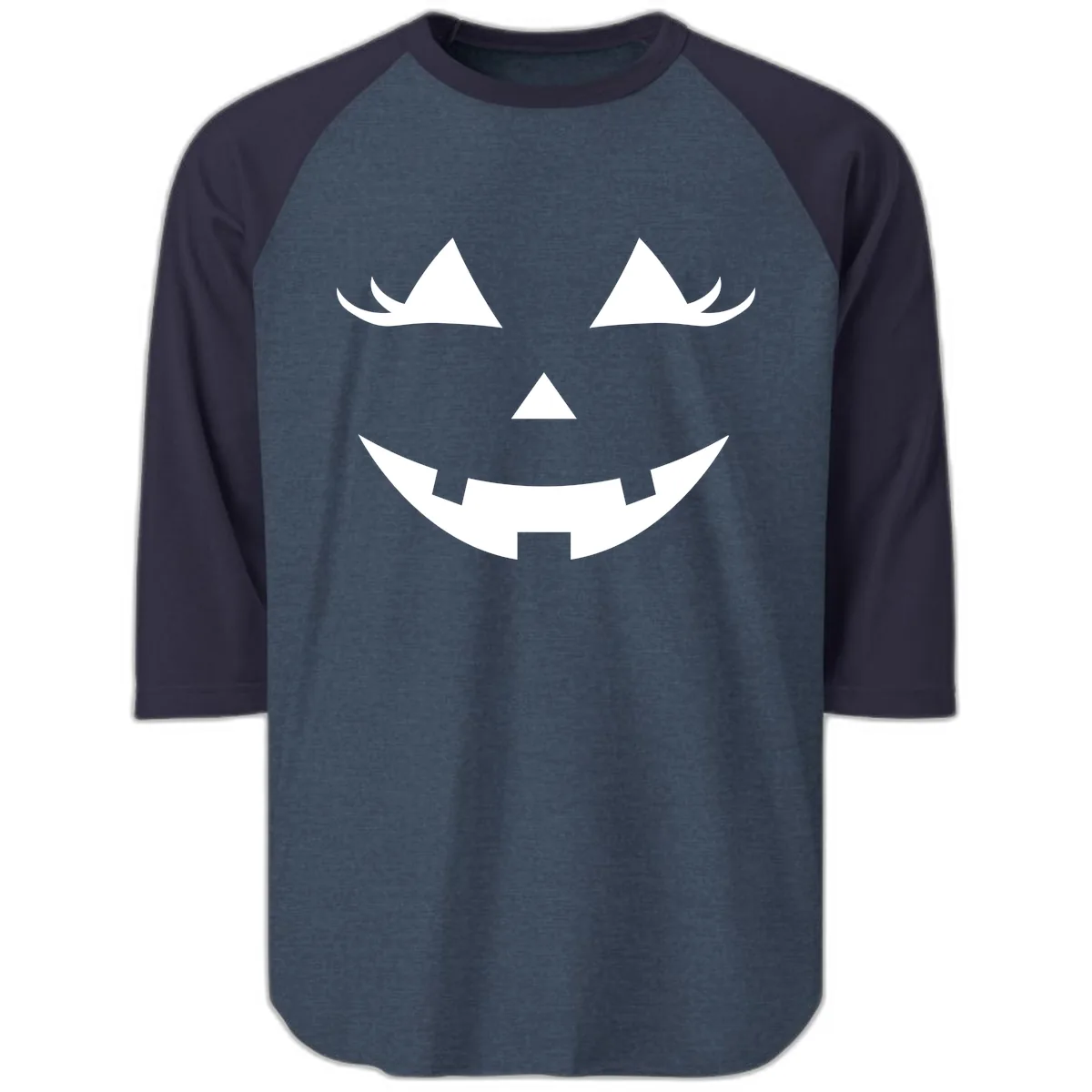 Spooky Grinning Jack-o'-Lantern Face Raglan 3/4 in Heather Denim Navy