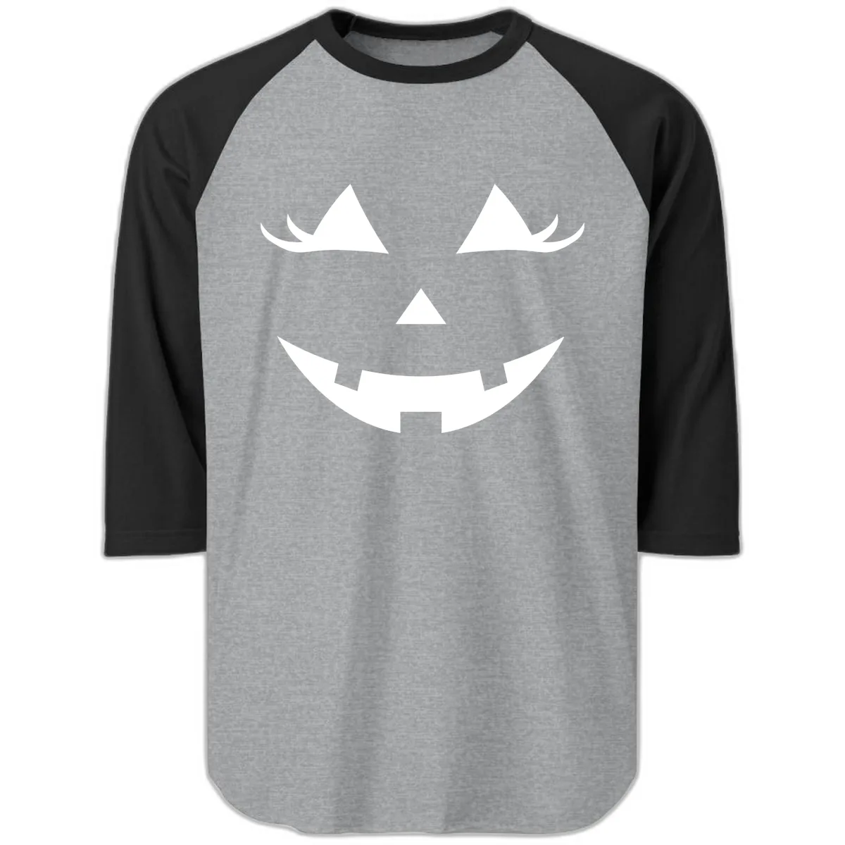 Spooky Grinning Jack-o'-Lantern Face Raglan 3/4 in Heather Grey/Black