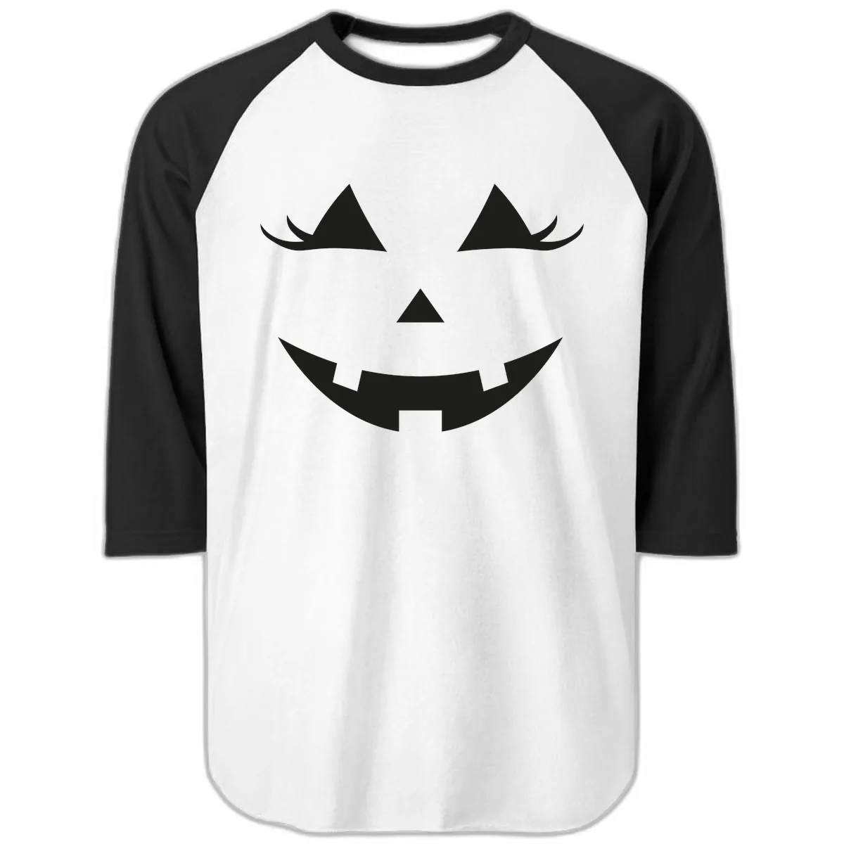 Spooky Grinning Jack-o'-Lantern Face Raglan 3/4 in White/Black