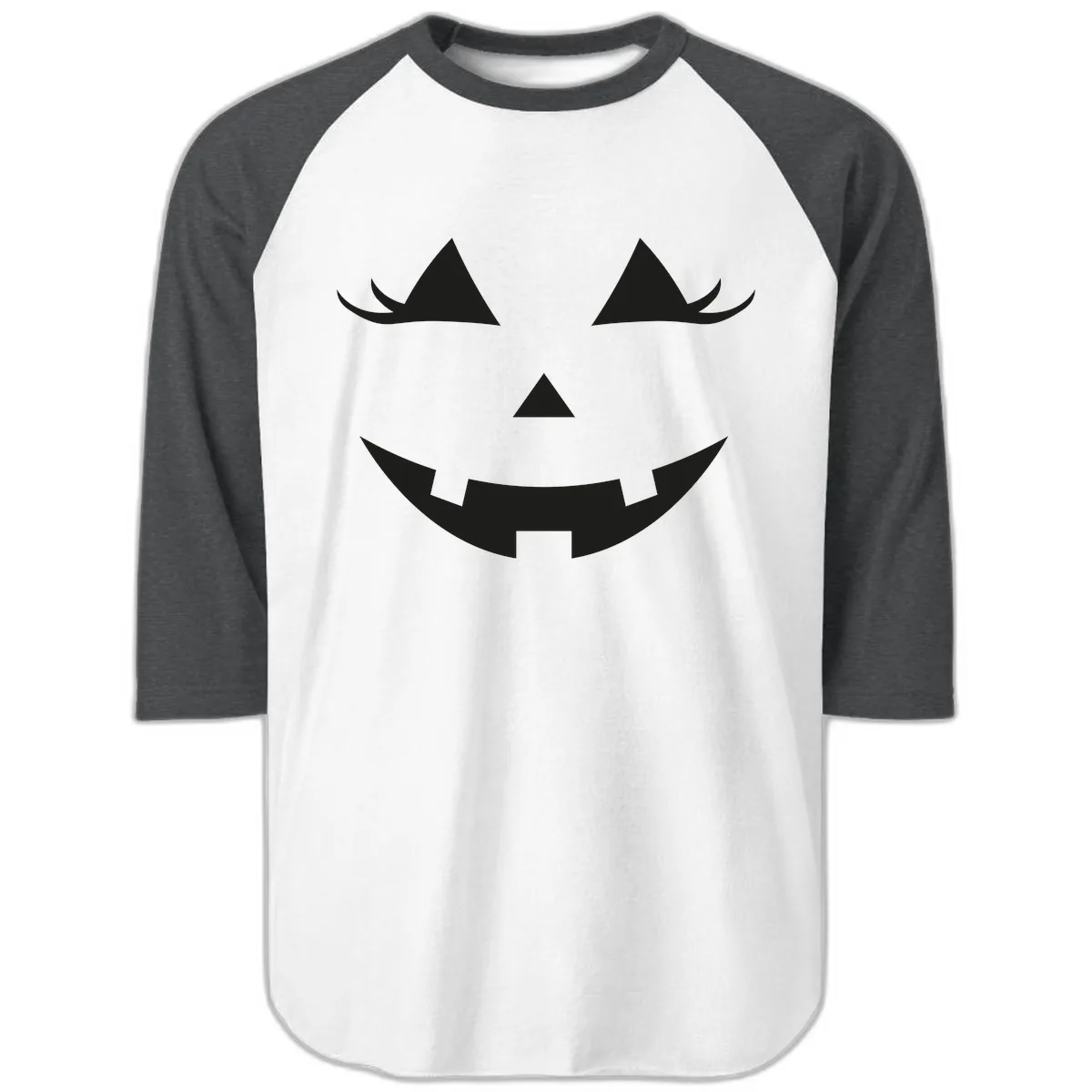 Spooky Grinning Jack-o'-Lantern Face Raglan 3/4 in White/Heather Charcoal