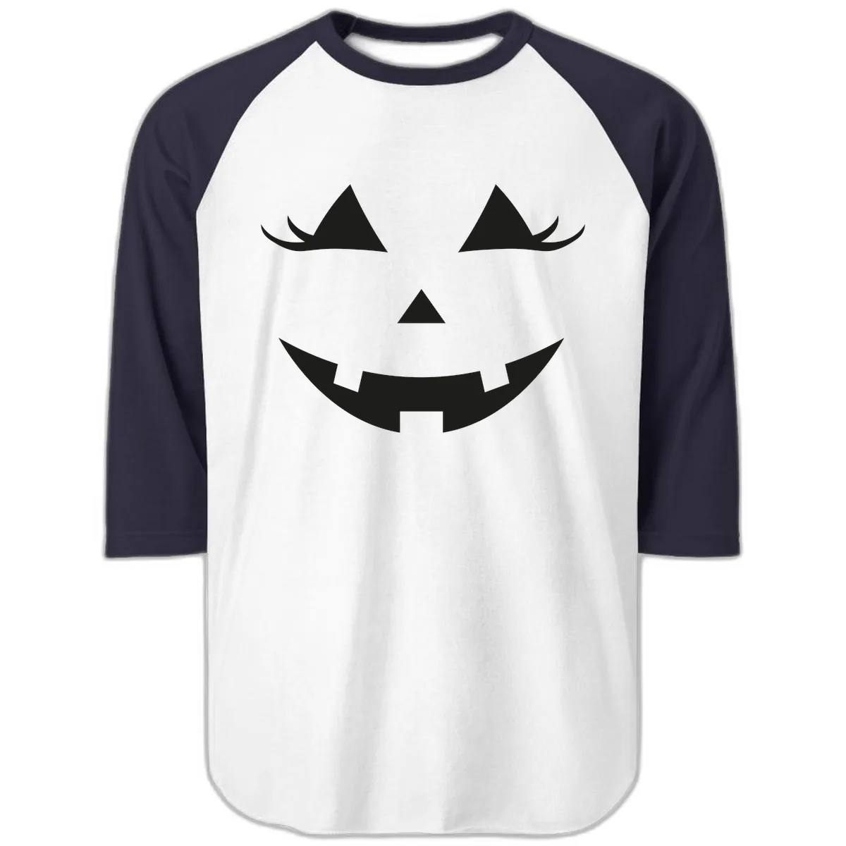 Spooky Grinning Jack-o'-Lantern Face Raglan 3/4 in White/Navy