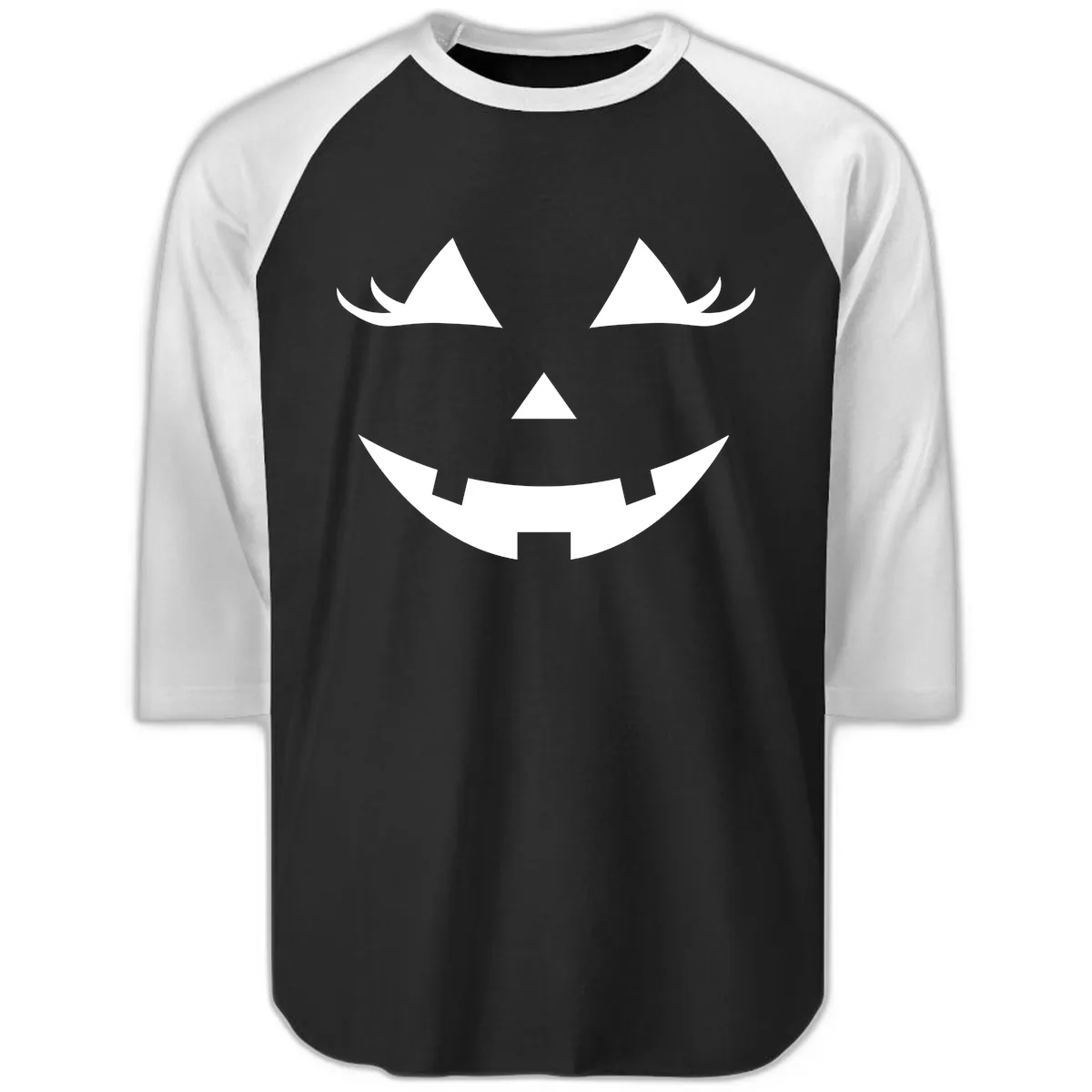 Spooky Grinning Jack-o'-Lantern Face Raglan 3/4 in Black White