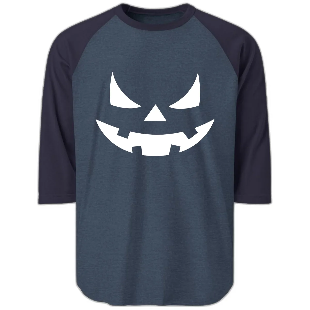 Spooky Jack-o-Lantern Face Raglan 3/4 in Heather Denim Navy