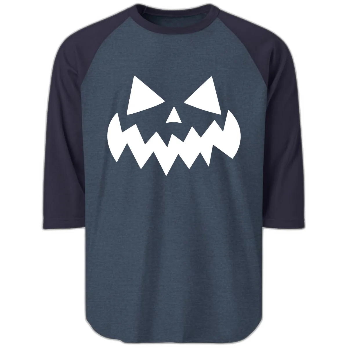 Spooky Jack-o-Lantern Face Raglan 3/4 in Heather Denim Navy