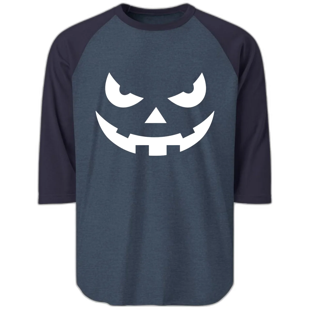 Spooky Jack O Lantern Face Raglan 3/4 in Heather Denim Navy