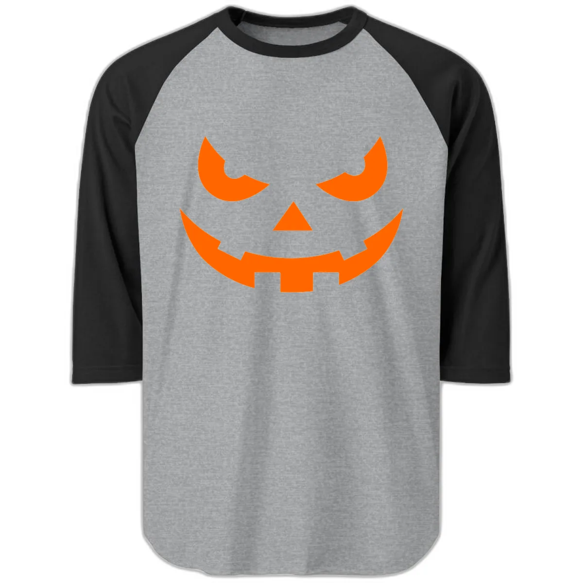 Spooky Jack O Lantern Face Raglan 3/4 in Heather Grey/Black