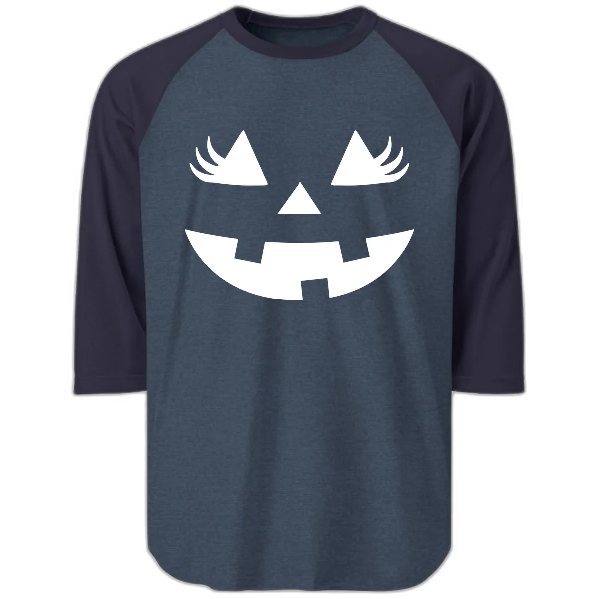 Spooky Jack O' Lantern Face Raglan 3/4 in Heather Denim Navy