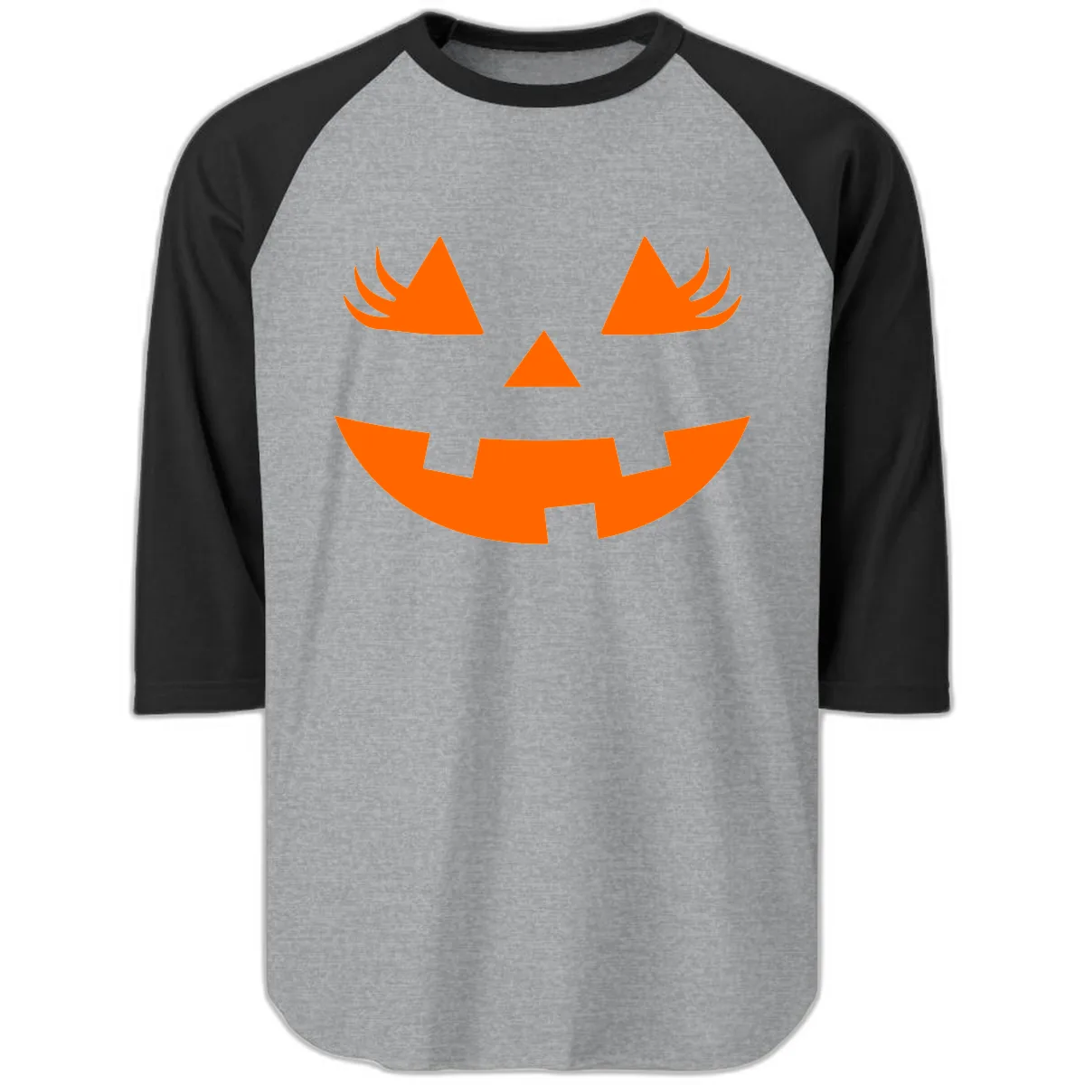 Spooky Jack O' Lantern Face Raglan 3/4 in Heather Grey/Black