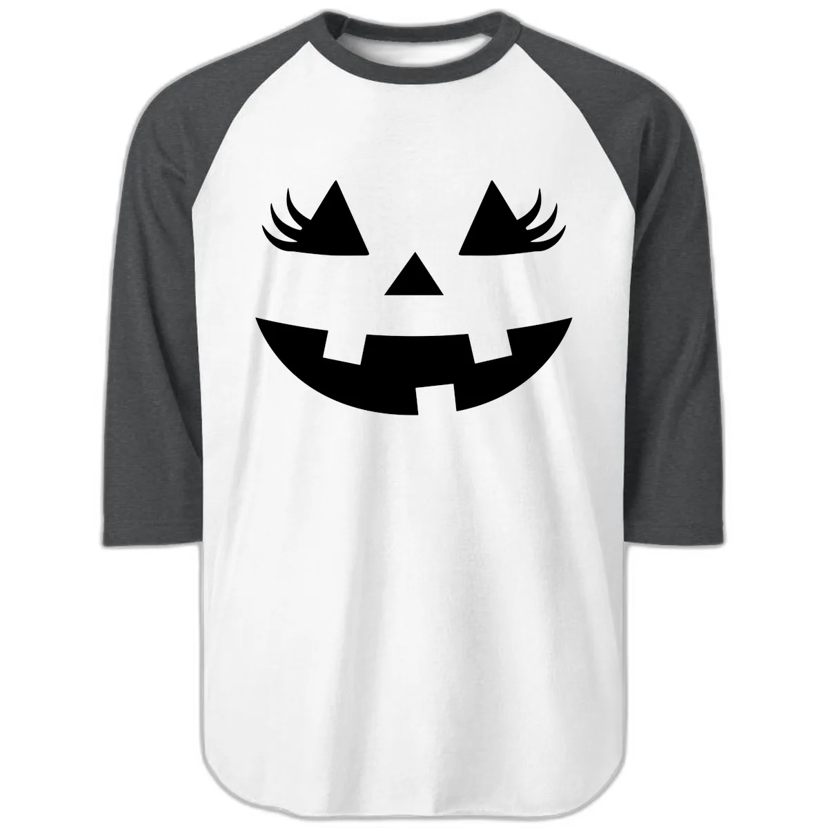 Spooky Jack O' Lantern Face Raglan 3/4 in White/Heather Charcoal