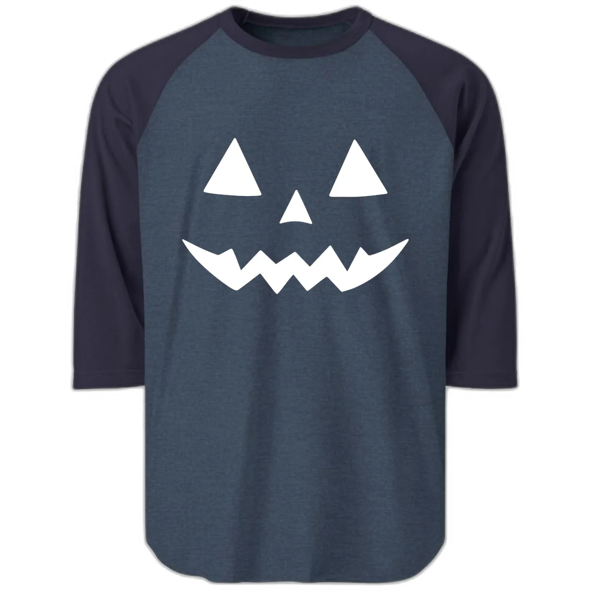 Classic Jack-o-Lantern Face Raglan 3/4 in Heather Denim Navy