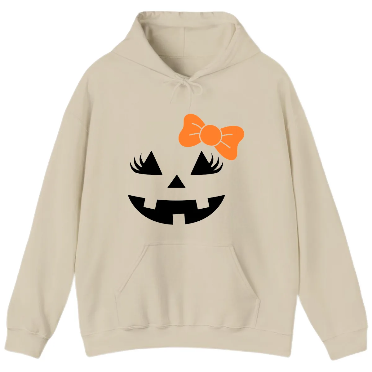 Cute Pumpkin Face With Bow Hoodie in Sand