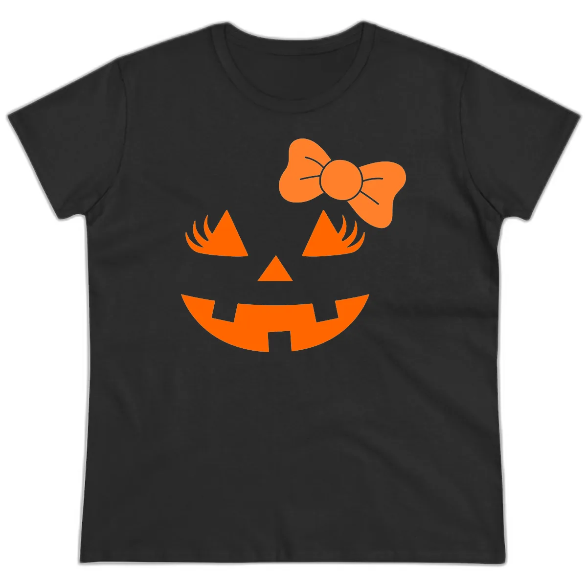 Cute Pumpkin Face With Bow Ladies Tee in Black