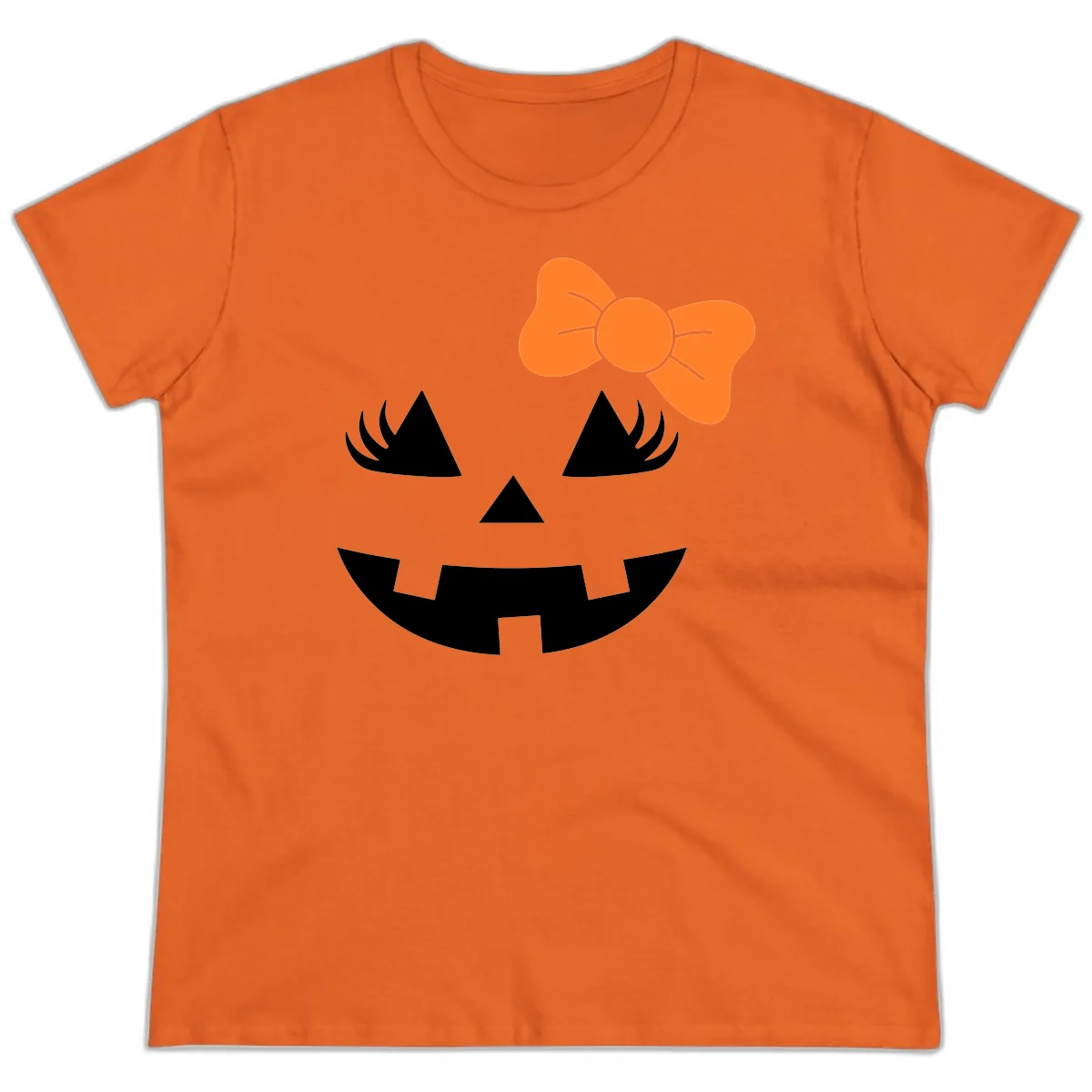 Cute Pumpkin Face With Bow Ladies Tee in Orange