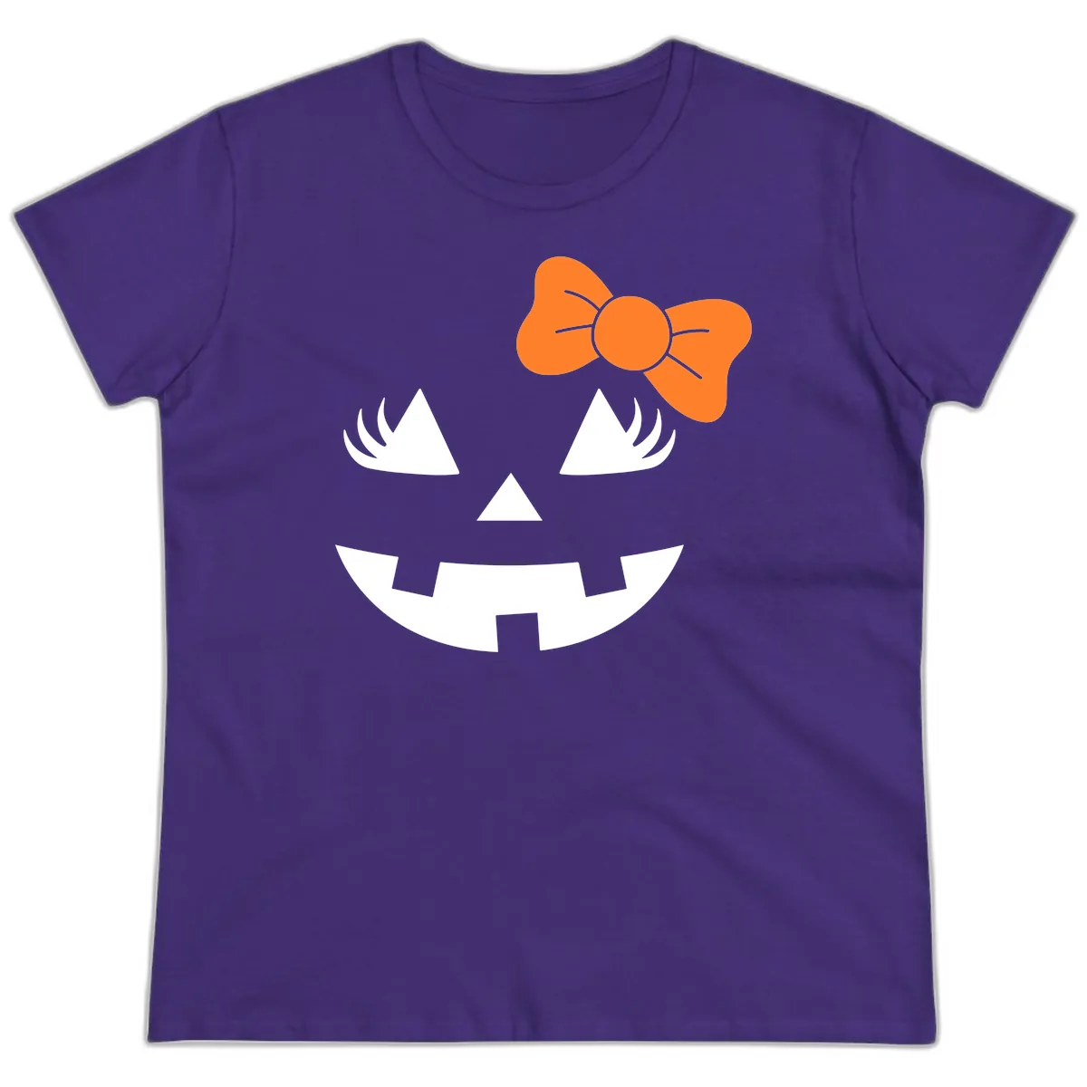 Cute Pumpkin Face With Bow Ladies Tee in Purple