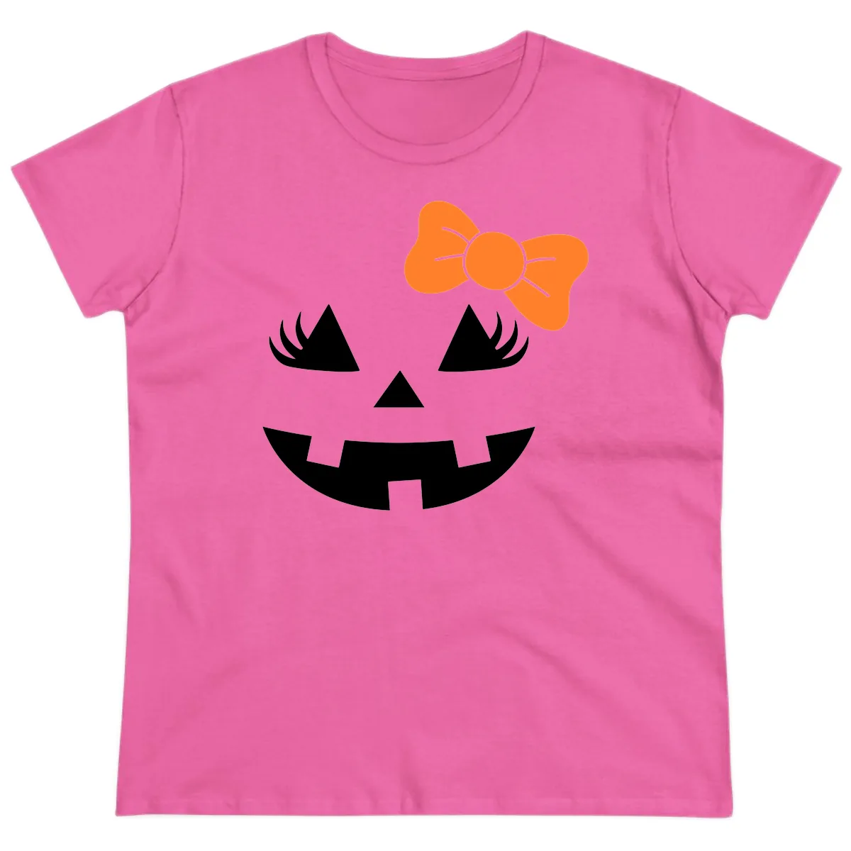 Cute Pumpkin Face With Bow Ladies Tee in Azalea