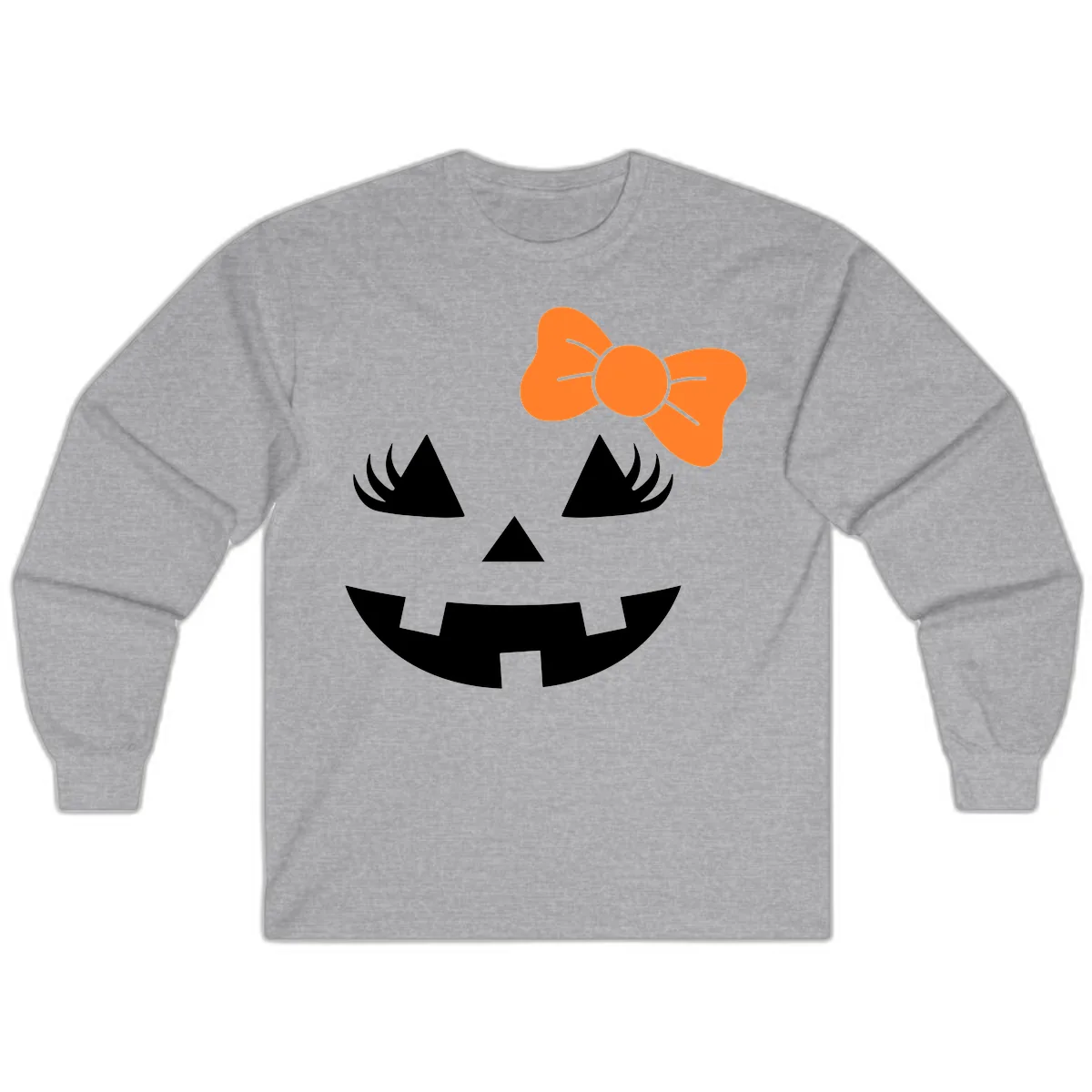 Cute Pumpkin Face With Bow Long Sleeve in Sport Grey