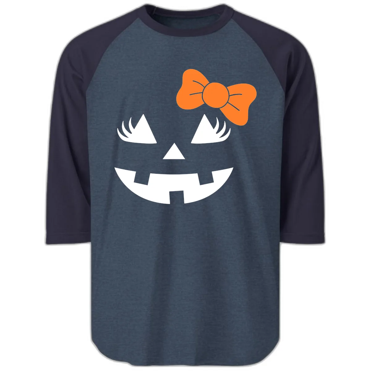 Cute Pumpkin Face With Bow Raglan 3/4 in Heather Denim Navy