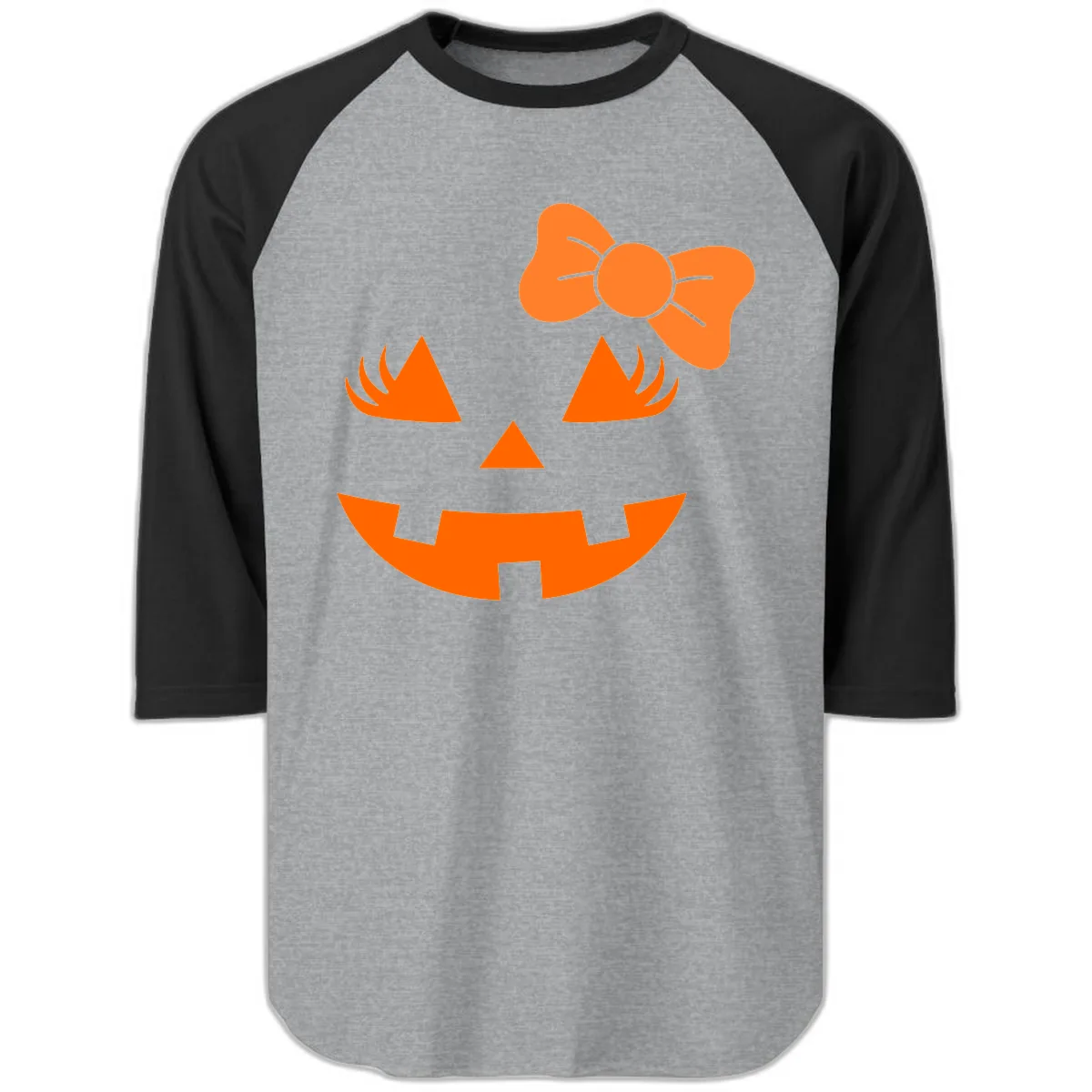 Cute Pumpkin Face With Bow Raglan 3/4 in Heather Grey/Black