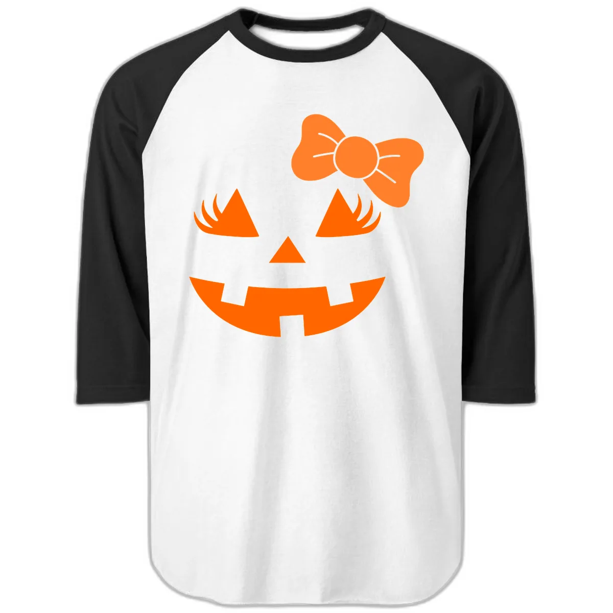 Cute Pumpkin Face With Bow Raglan 3/4 in White/Black