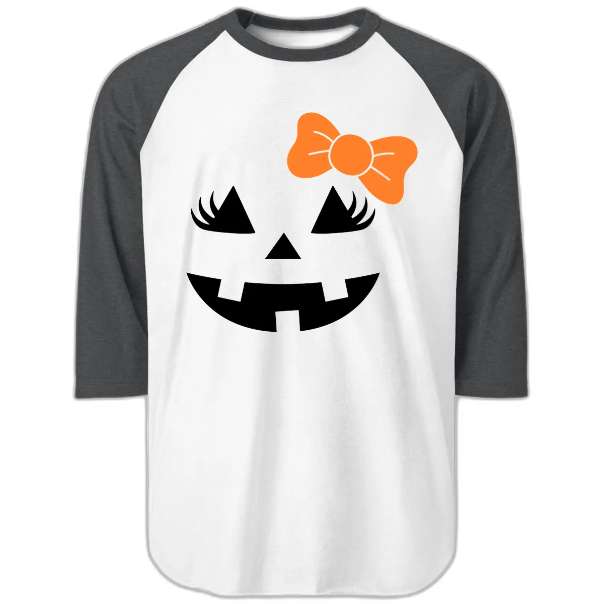 Cute Pumpkin Face With Bow Raglan 3/4 in White/Heather Charcoal