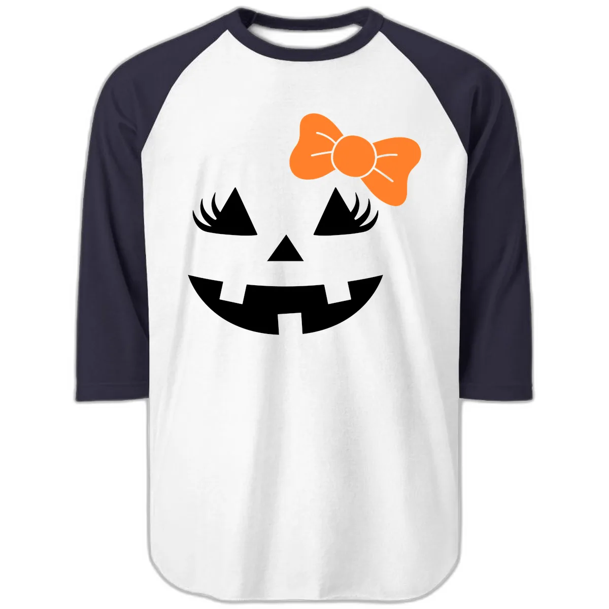Cute Pumpkin Face With Bow Raglan 3/4 in White/Navy