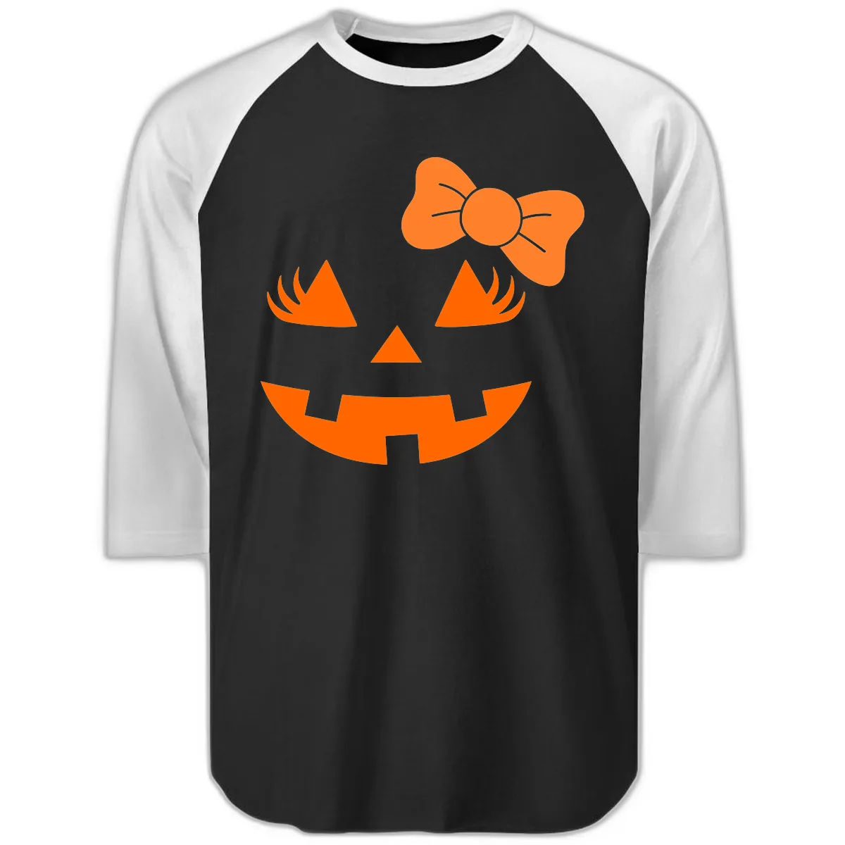 Cute Pumpkin Face With Bow Raglan 3/4 in Black White