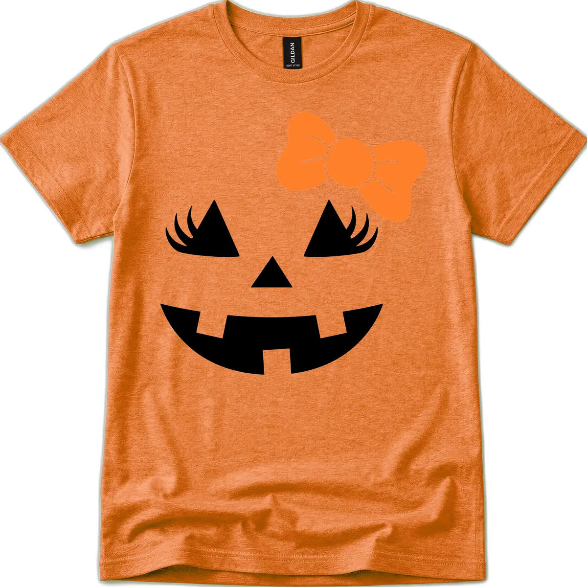 Cute Pumpkin Face With Bow T-Shirt in Heather Orange