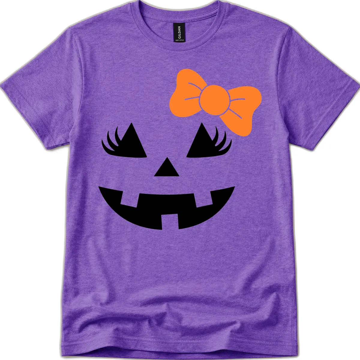 Cute Pumpkin Face With Bow T-Shirt in Heather Purple