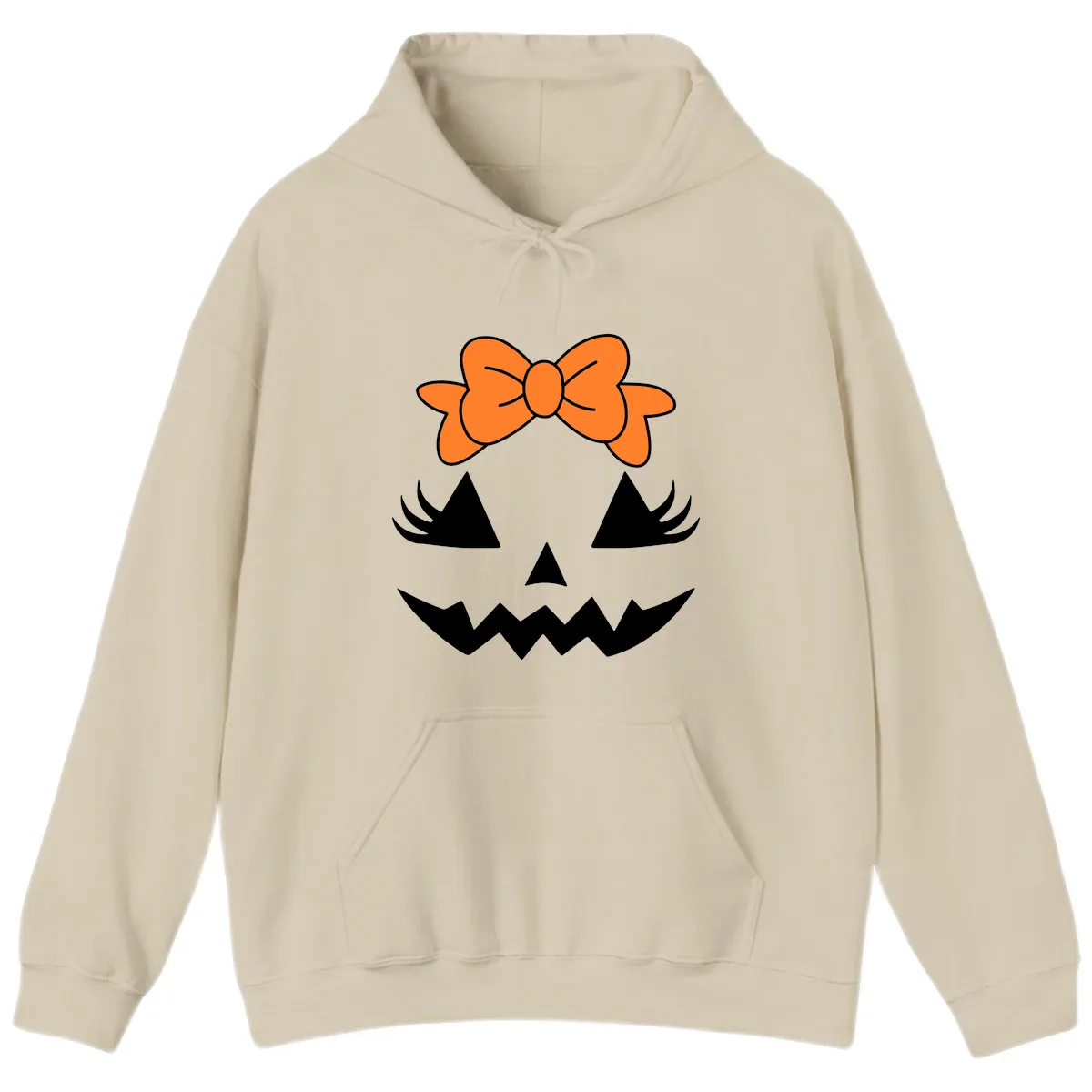Cute Pumpkin Face With Bow Hoodie in Sand