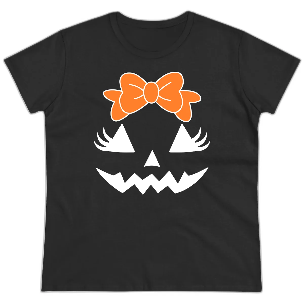 Cute Pumpkin Face With Bow Ladies Tee in Black