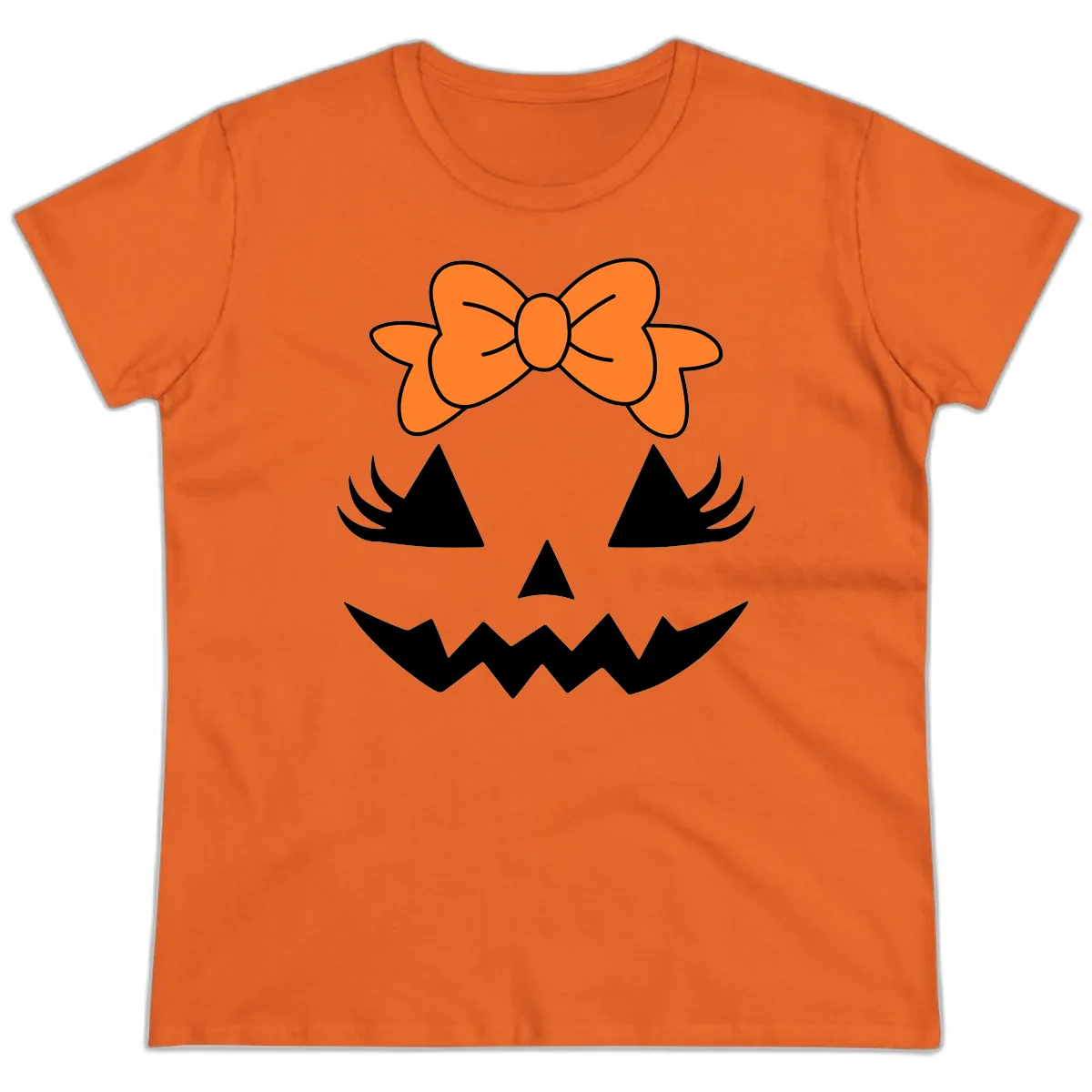 Cute Pumpkin Face With Bow Ladies Tee in Orange
