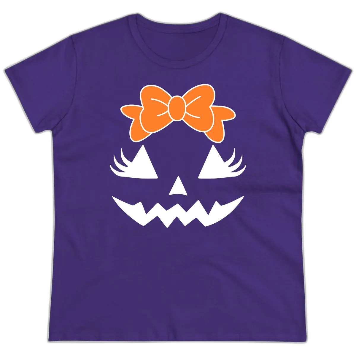 Cute Pumpkin Face With Bow Ladies Tee in Purple