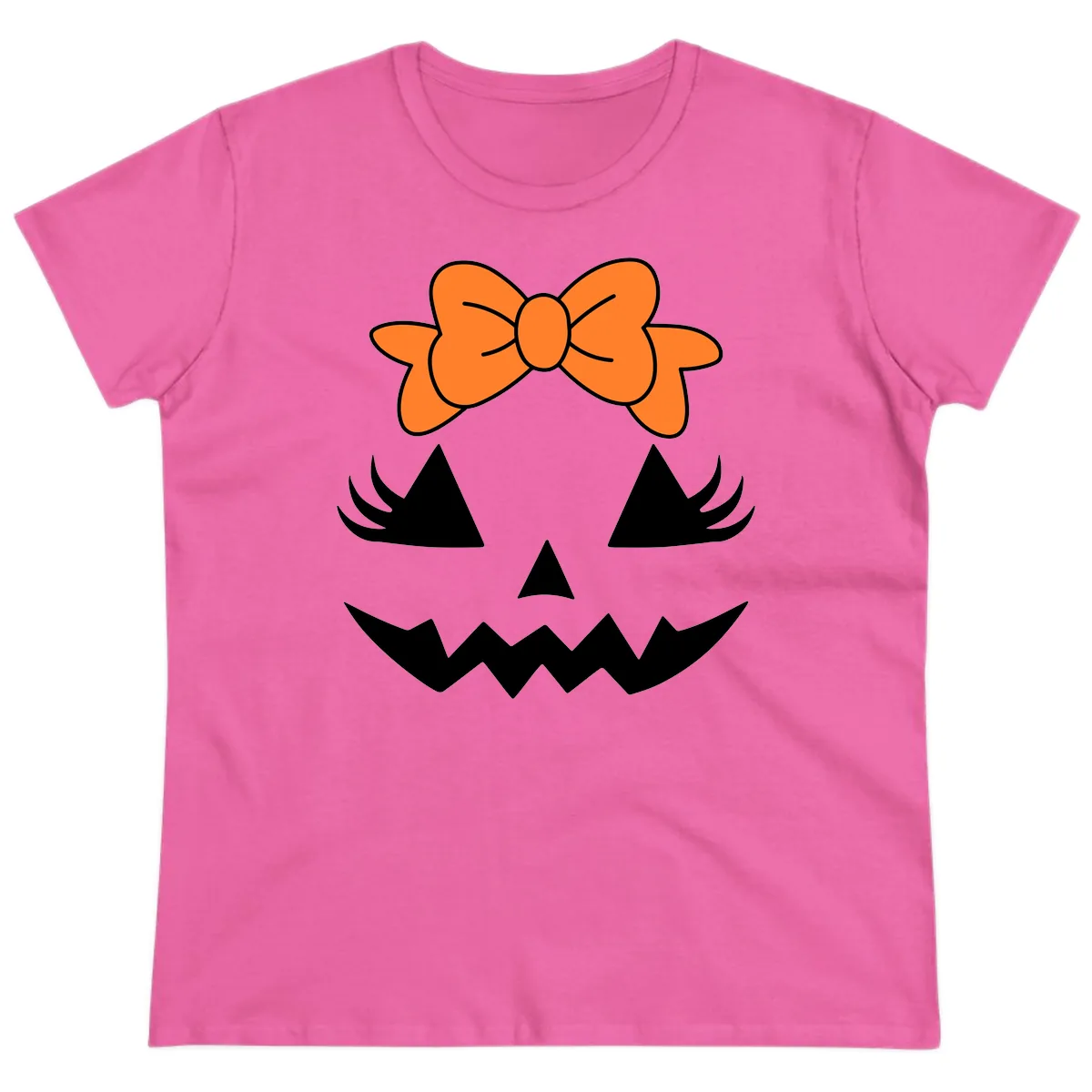 Cute Pumpkin Face With Bow Ladies Tee in Azalea
