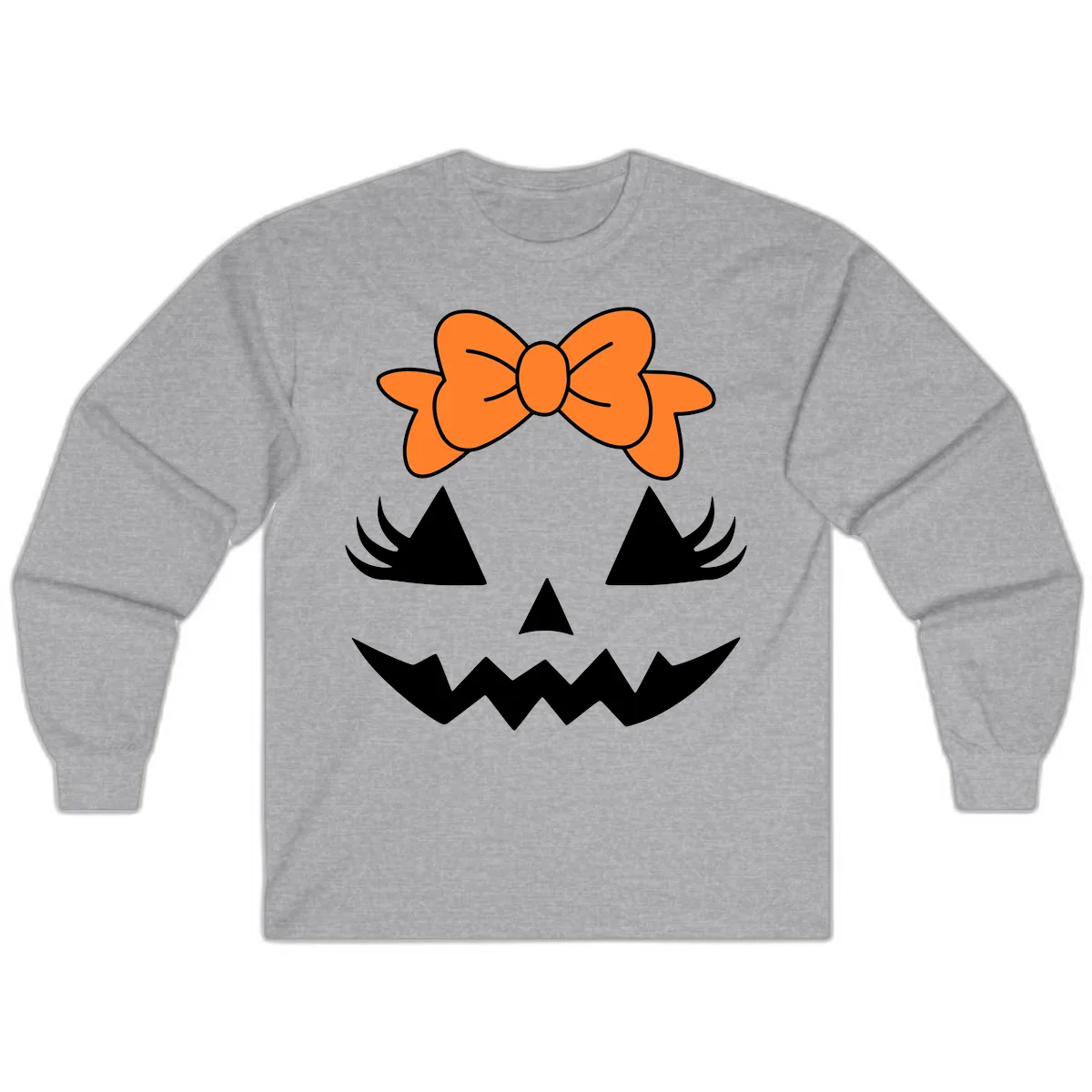 Cute Pumpkin Face With Bow Long Sleeve in Sport Grey
