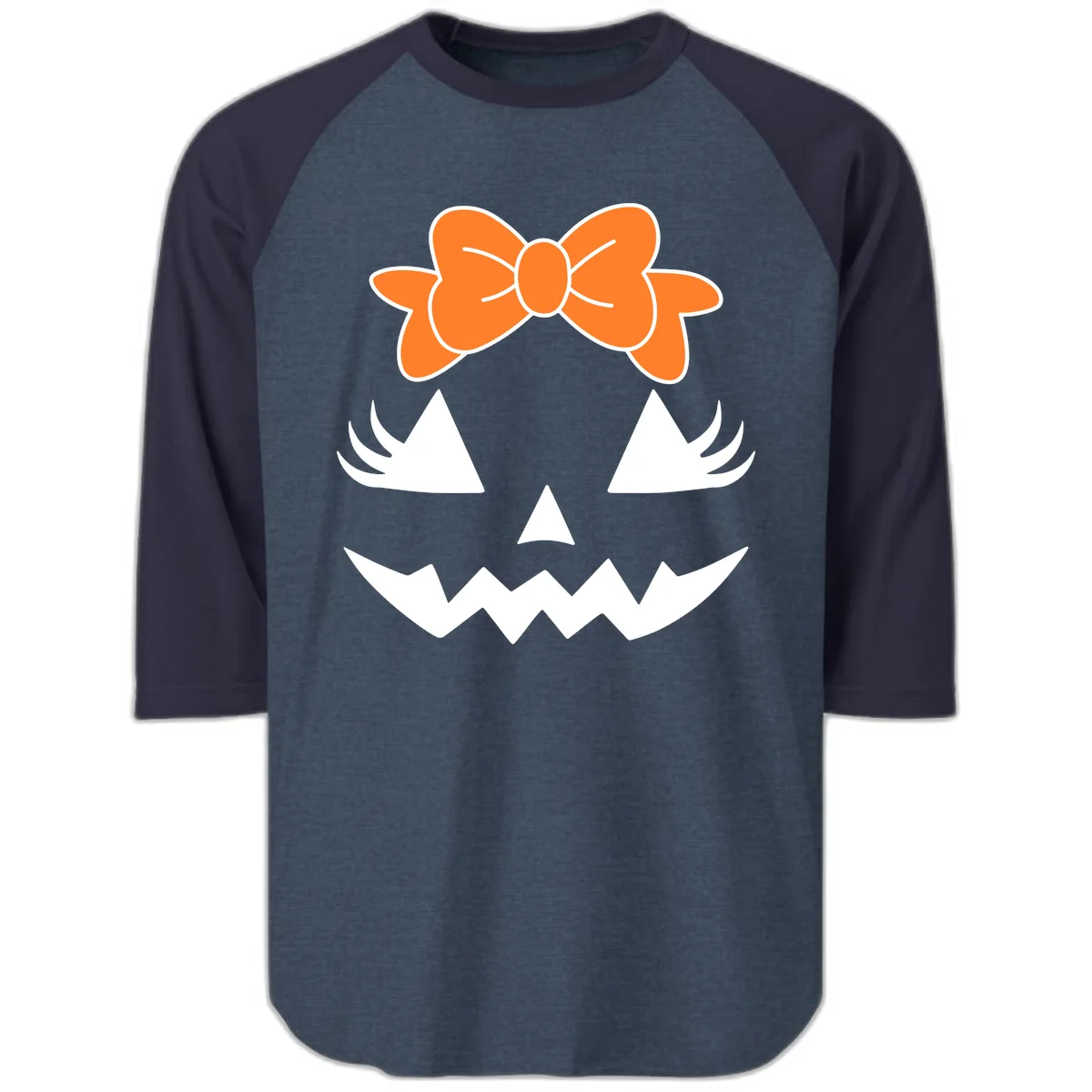 Cute Pumpkin Face With Bow Raglan 3/4 in Heather Denim Navy