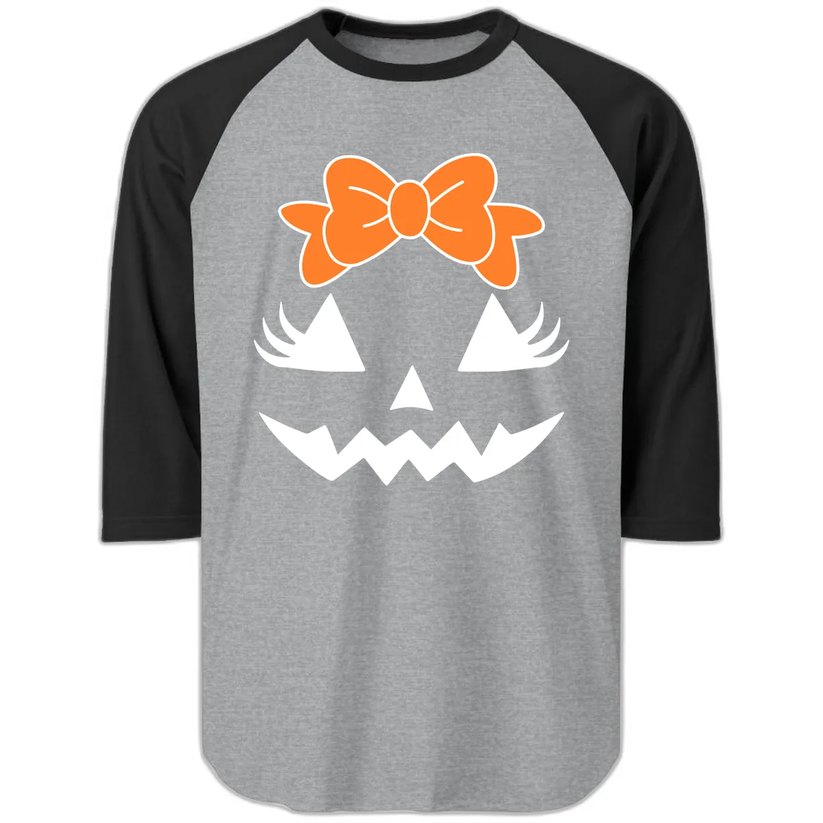 Cute Pumpkin Face With Bow Raglan 3/4 in Heather Grey/Black