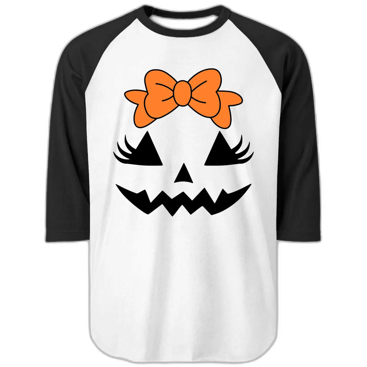 Cute Pumpkin Face With Bow Raglan 3/4 in White/Black