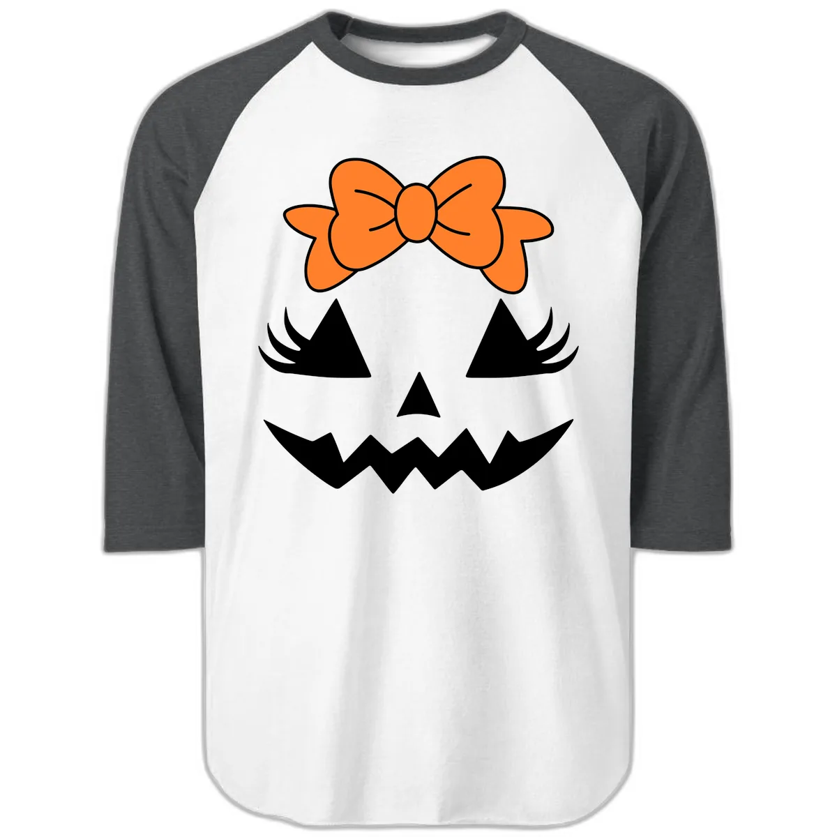 Cute Pumpkin Face With Bow Raglan 3/4 in White/Heather Charcoal