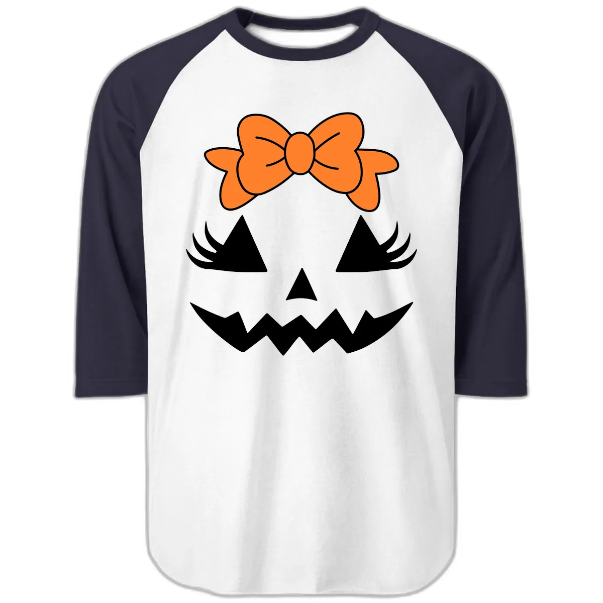 Cute Pumpkin Face With Bow Raglan 3/4 in White/Navy
