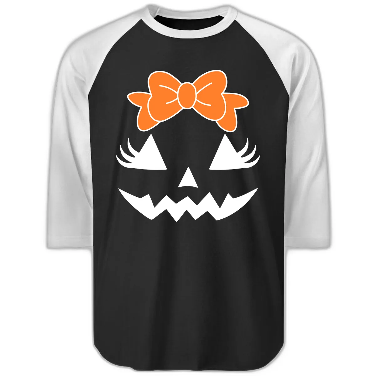 Cute Pumpkin Face With Bow Raglan 3/4 in Black White