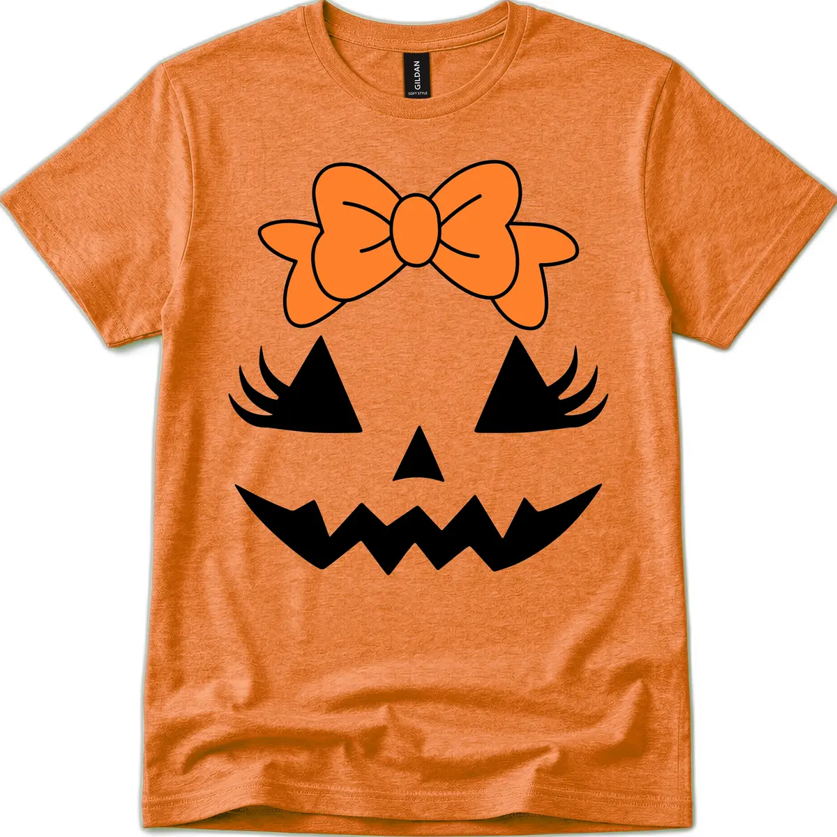 Cute Pumpkin Face With Bow T-Shirt in Heather Orange
